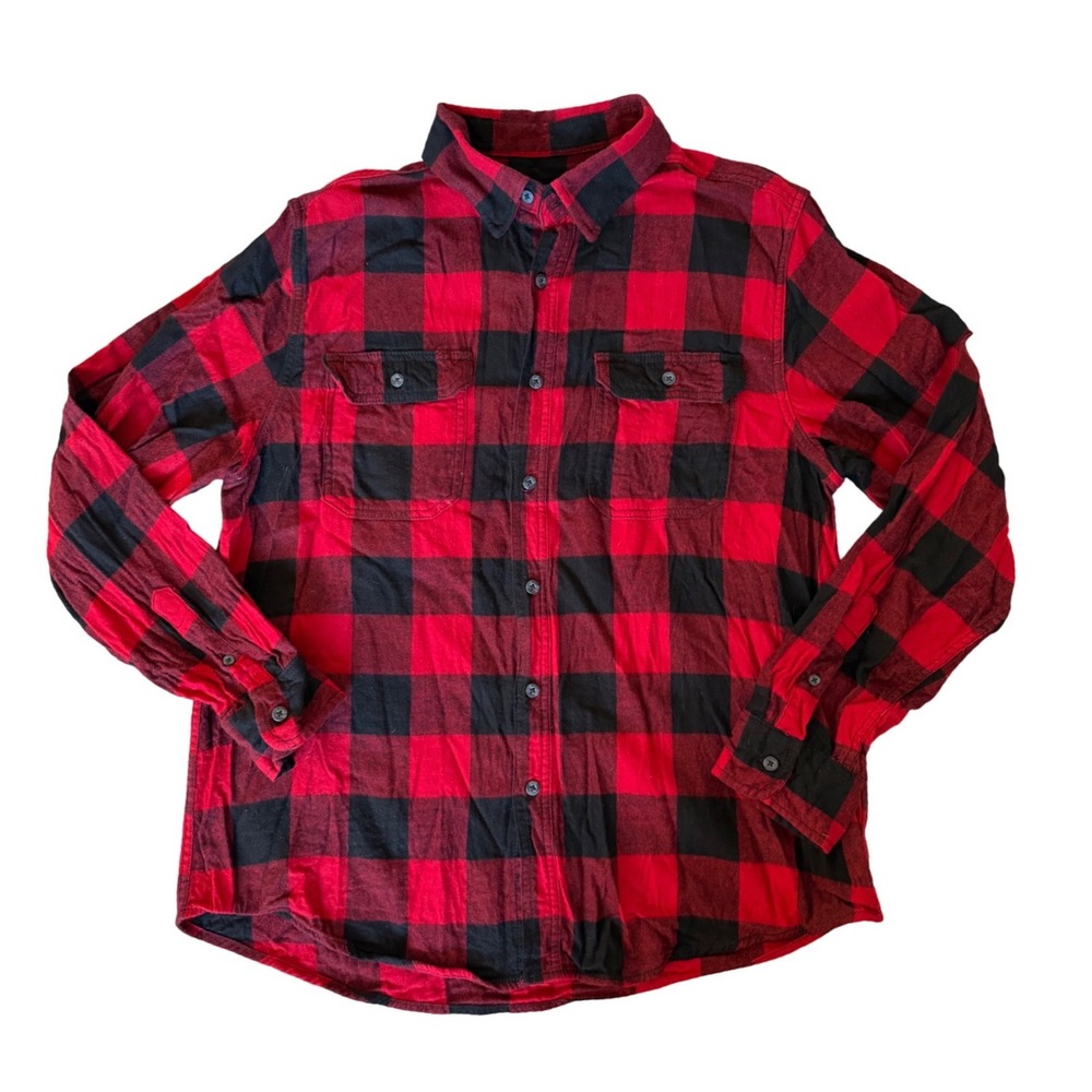 George Mens Red Black Buffalo Plaid Flannel Shirt Long Sleeve Large L 42-44